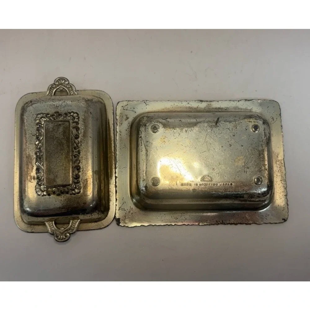 Vintage Made in Occupied Japan Silver Plated‎ Butter Dish Ornate Repousse Floral